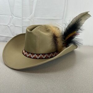 Stevens Cowboy Hat Mens Large Tan Vintage Feather Accented Western Twill